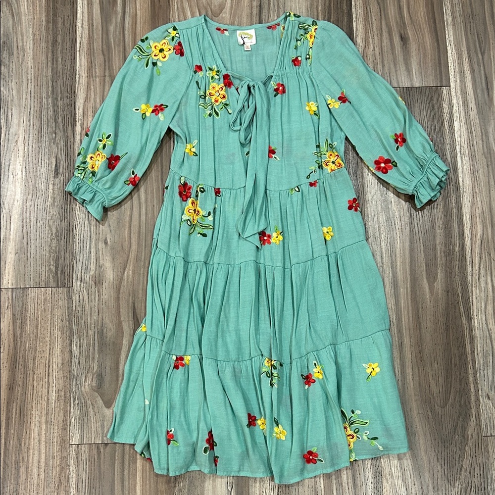 Fig and Flower Teal Dress with Red and Yellow Embroidery